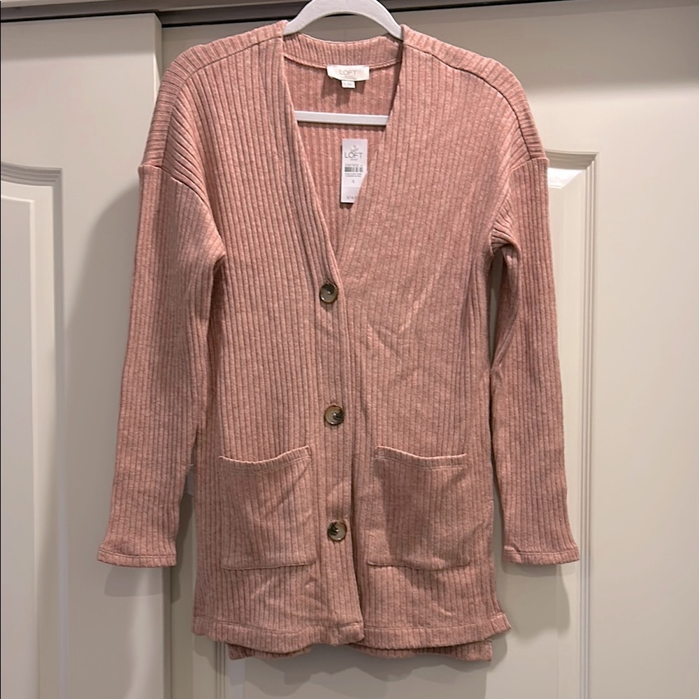 LOFT Pink Ribbed V Neck Button Front Cardigan